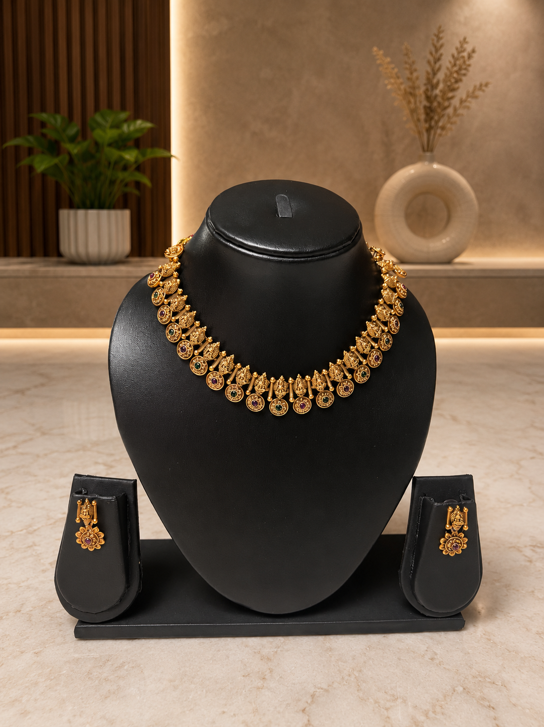 Royal Antique Temple Necklace Set with Multicolor Stones