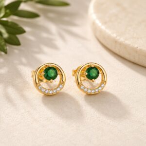 Emerald Halo Gold Stud Earrings